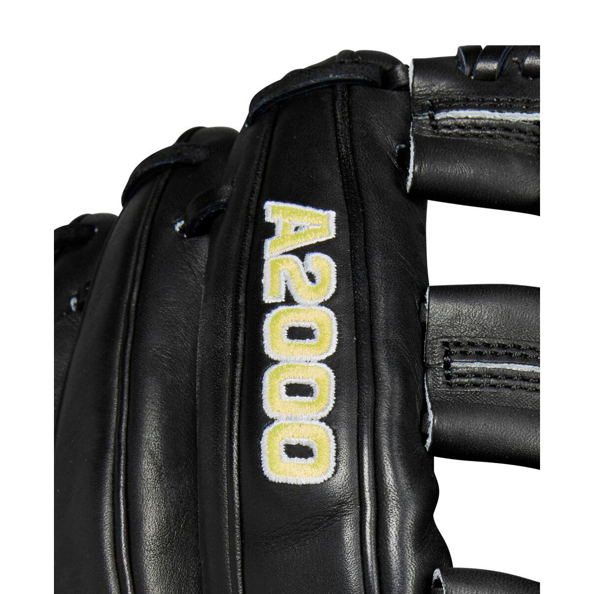 Close-up of the Wilson A2000 DW5 12" Baseball Glove (WBW10207712) by Wilson, featuring black Pro Stock leather, Dual Post Web design, and yellow and white A2000 embroidery with visible webbing and lacing details.