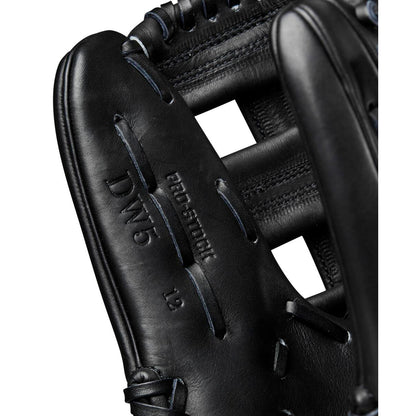 A close-up of the Wilson A2000 DW5 12" Baseball Glove (WBW10207712), crafted by Wilson with Pro Stock leather and featuring a signature Dual Post Web.