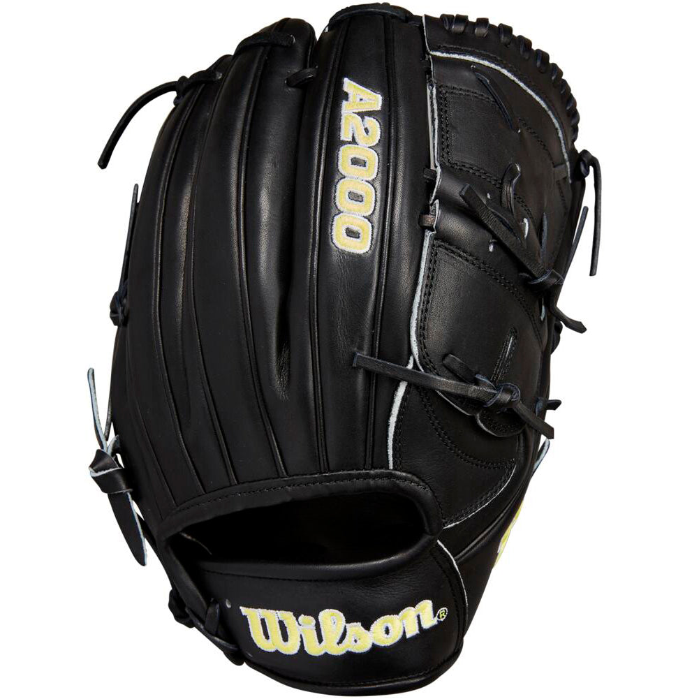 The Wilson A2000 B2 12" Baseball Glove: WBW10208012 features a black design with white stitching and Pro Stock leather, shown at an angle to highlight its webbing and detailed construction.