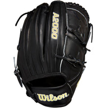 The Wilson A2000 B2 12" Baseball Glove: WBW10208012 features a black design with white stitching and Pro Stock leather, shown at an angle to highlight its webbing and detailed construction.