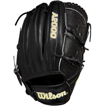 The Wilson A2000 B2 12" Baseball Glove: WBW10208012 features a black design with white stitching and Pro Stock leather, shown at an angle to highlight its webbing and detailed construction.