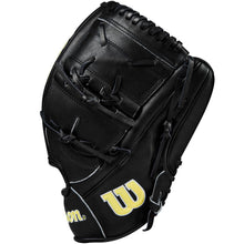 The Wilson A2000 B2 12" Baseball Glove (WBW10208012) by Wilson features a black design with a yellow "W" and is crafted from premium Pro Stock leather for lasting durability.