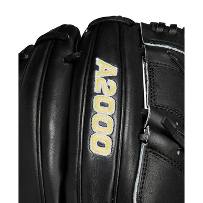A close-up of a Wilson A2000 B2 12" Baseball Glove (WBW10208012) in black Pro Stock leather with the model name embroidered in yellow and white stitching.