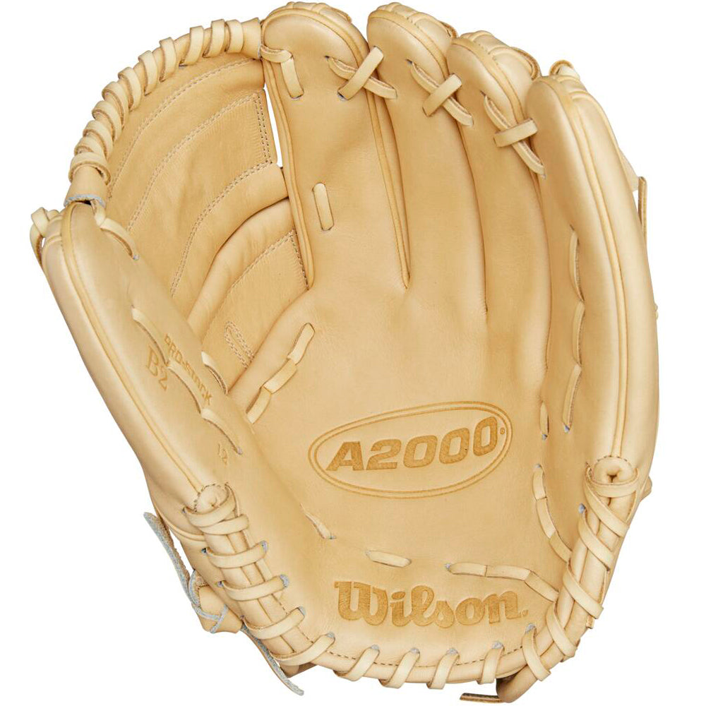 The Wilson A2000 B2 12" Baseball Glove (WBW10208112) by Wilson features tan Pro Stock leather, visible stitching, and the brand name embossed on the palm. The open pitcher’s glove reveals its inner pocket.