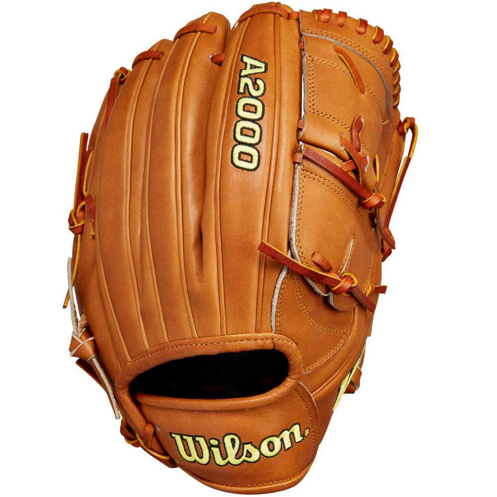 The Wilson A2000 B2 12" Baseball Glove: WBW10208212 features Pro Stock leather, tan color, visible stitching, brown laces, Wilson branding on the wrist strap, and a closed web design.