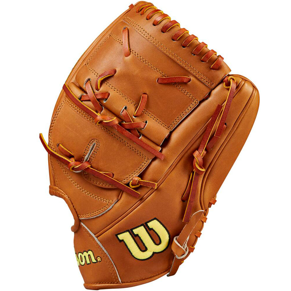 The Wilson A2000 B2 12" Baseball Glove (WBW10208212) is a tan pitcher’s glove with red laces, a gold W logo on the wrist, and is crafted from premium Pro Stock leather.