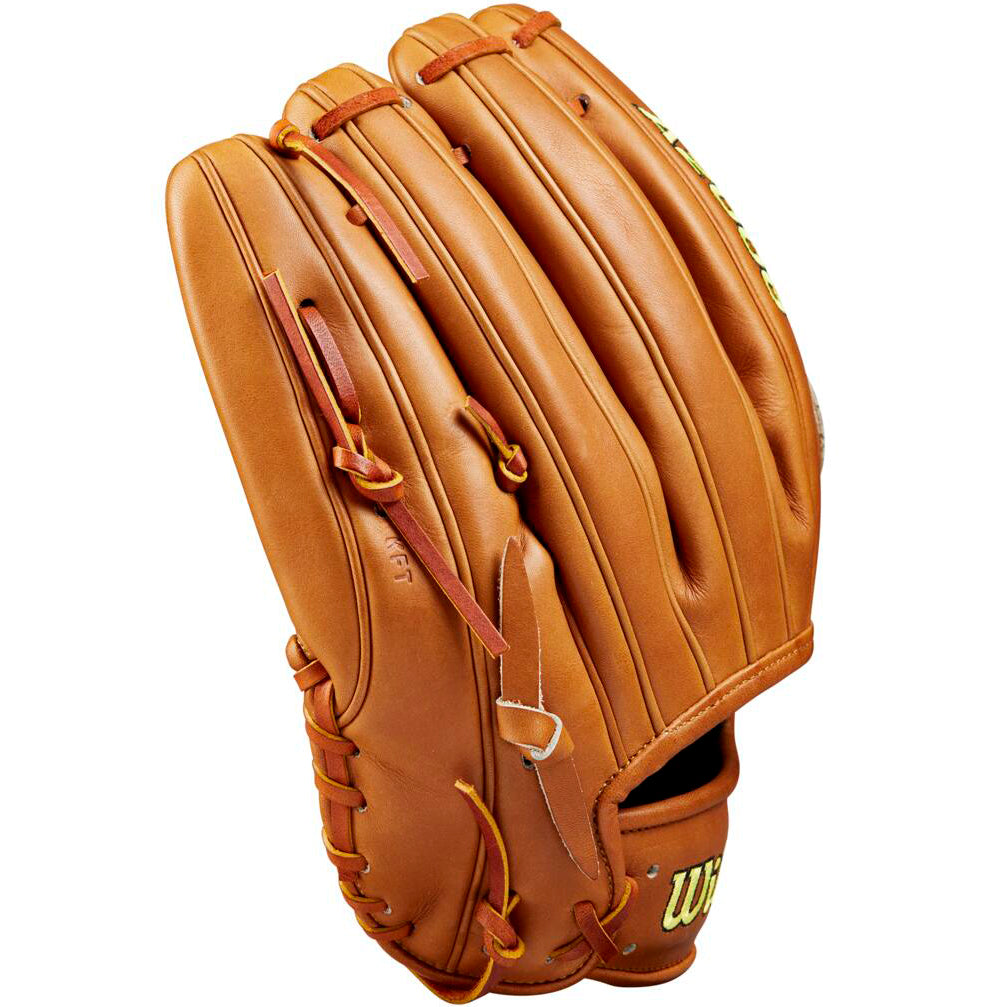 The Wilson A2000 B2 12" Baseball Glove (WBW10208212) by Wilson features tan Pro Stock leather with visible stitching and laces, partially open and angled to display the pocket and finger areas.