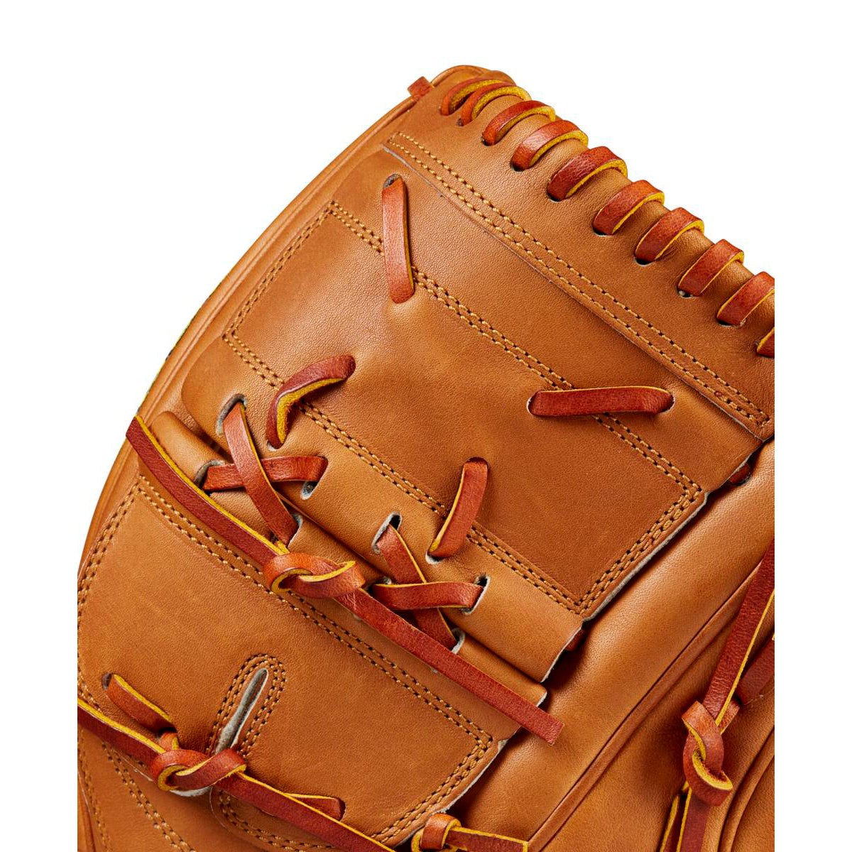 Close-up of the Wilson A2000 B2 12" Baseball Glove (WBW10208212) in tan Pro Stock leather with brown laces and detailed stitching, highlighting the webbing and pocket—ideal for fans of classic Wilson pitcher’s gloves.