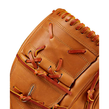 Close-up of the Wilson A2000 B2 12" Baseball Glove (WBW10208212) in tan Pro Stock leather with brown laces and detailed stitching, highlighting the webbing and pocket—ideal for fans of classic Wilson pitcher’s gloves.