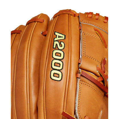 Close-up of a tan Wilson A2000 B2 12" Baseball Glove (WBW10208212) with A2000 embroidered in yellow and black on the center panel, detailed stitching, and lacing.