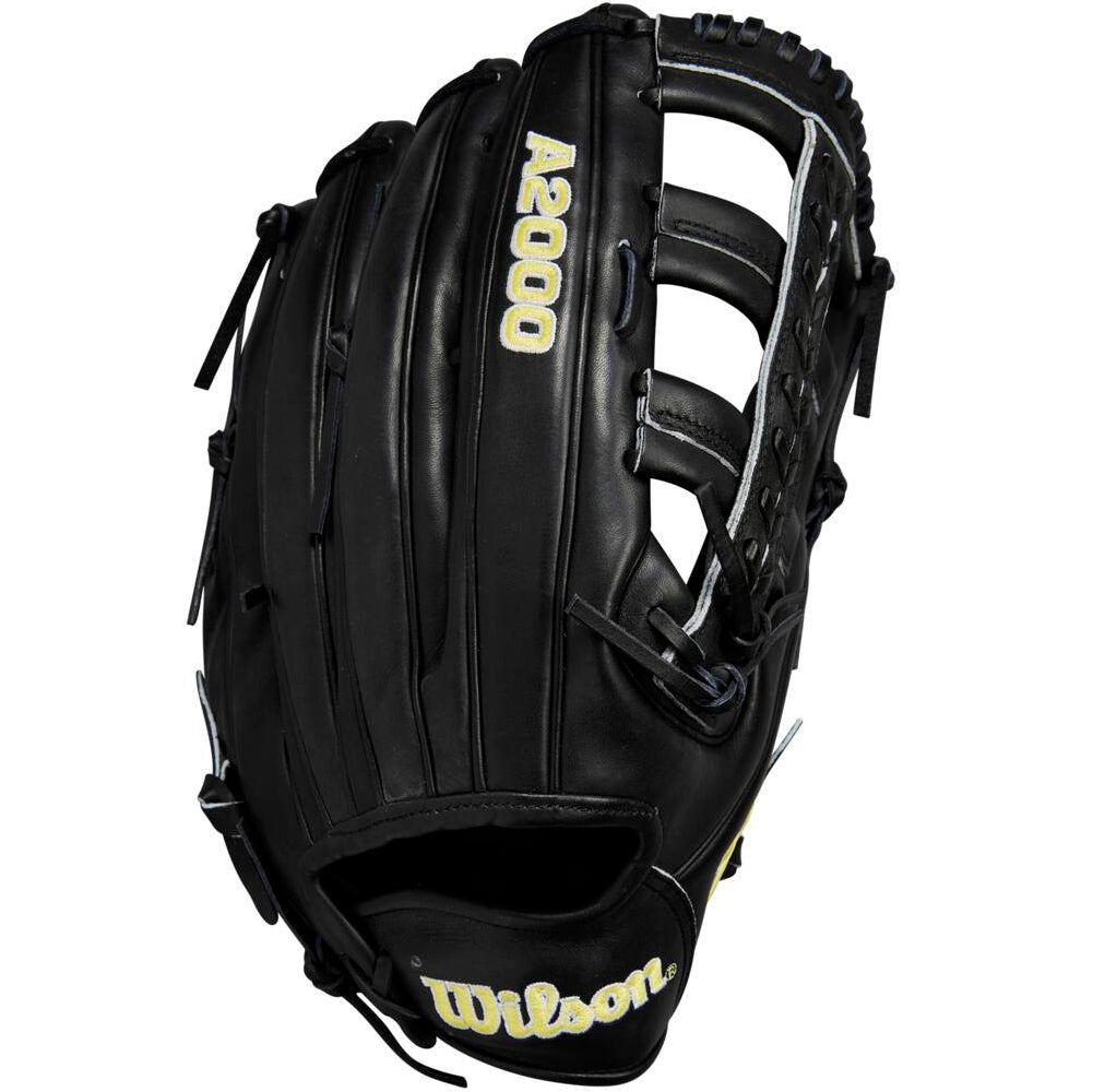 The Wilson A2000 1810 12.75" Baseball Glove (WBW1020831275) features black Pro Stock leather with white text for outfield play, combining durability with Wilson’s signature quality.