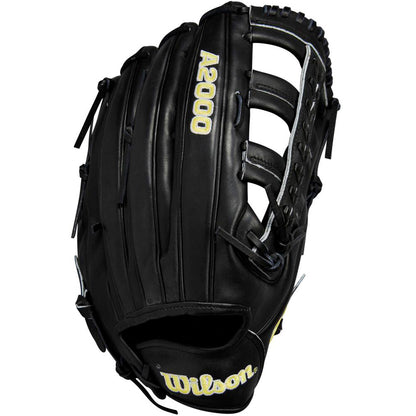 The Wilson A2000 1810 12.75" Baseball Glove (WBW1020831275) features black Pro Stock leather with white text for outfield play, combining durability with Wilson’s signature quality.