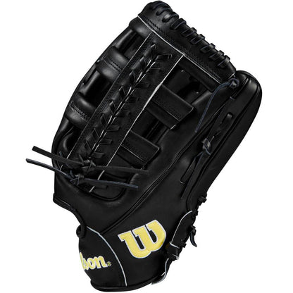 The Wilson A2000 1810 12.75" Baseball Glove (WBW1020831275) features black Pro Stock leather, tan stitching, a yellow W logo, laced webbing, and premium craftsmanship for lasting outfield performance.