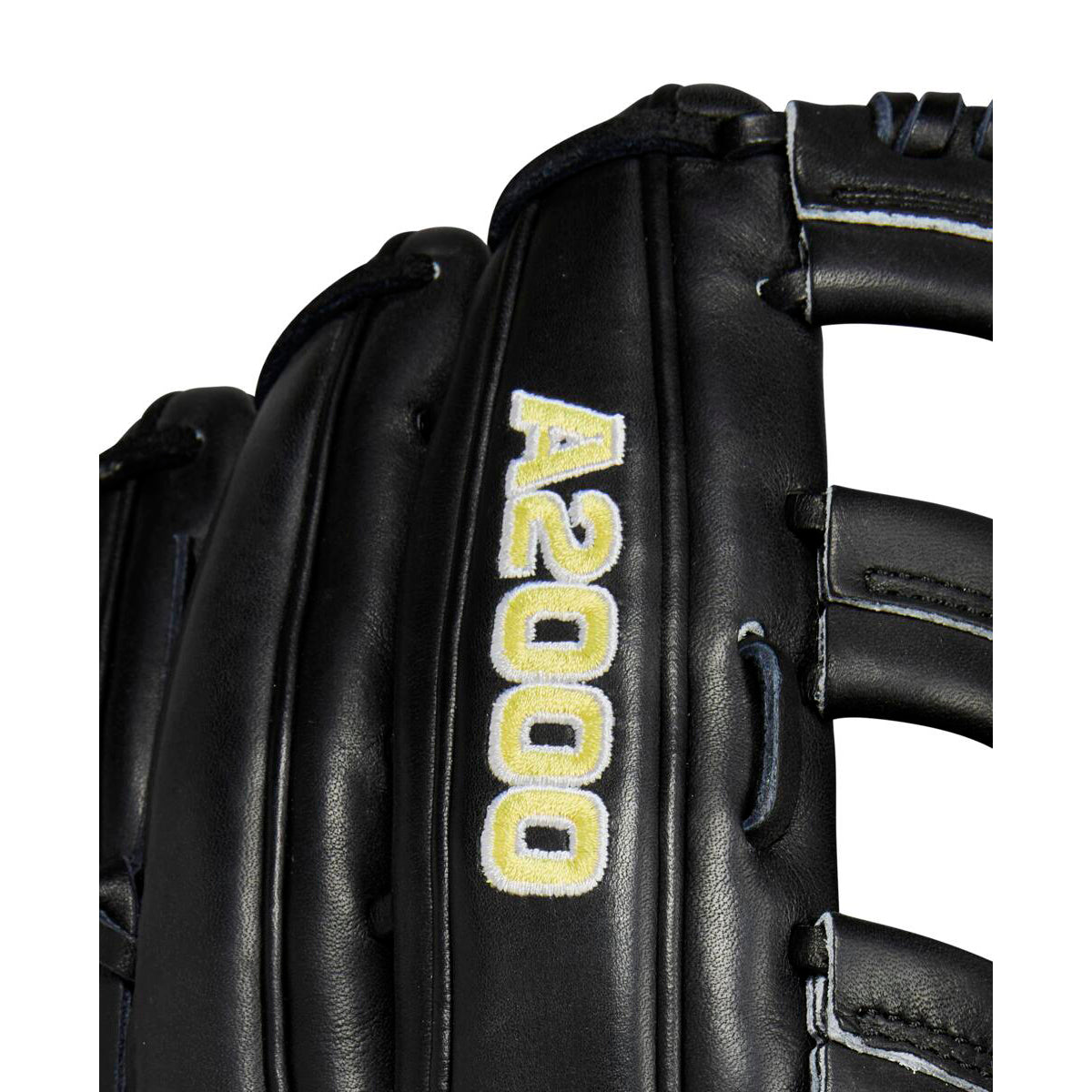 A close-up of the Wilson A2000 1810 12.75" Baseball Glove (WBW1020831275) by Wilson, crafted from Pro Stock leather with "A2000 1810" embroidered in yellow and white on the black surface.