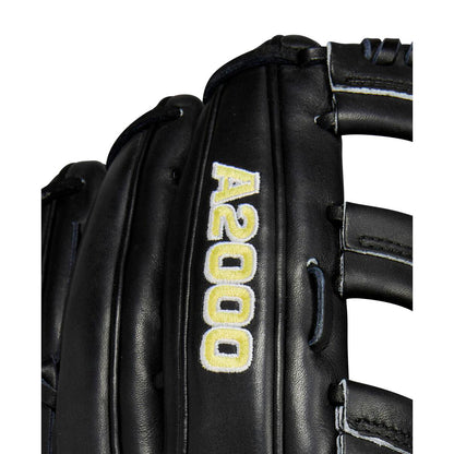 A close-up of the Wilson A2000 1810 12.75" Baseball Glove (WBW1020831275) by Wilson, crafted from Pro Stock leather with "A2000 1810" embroidered in yellow and white on the black surface.