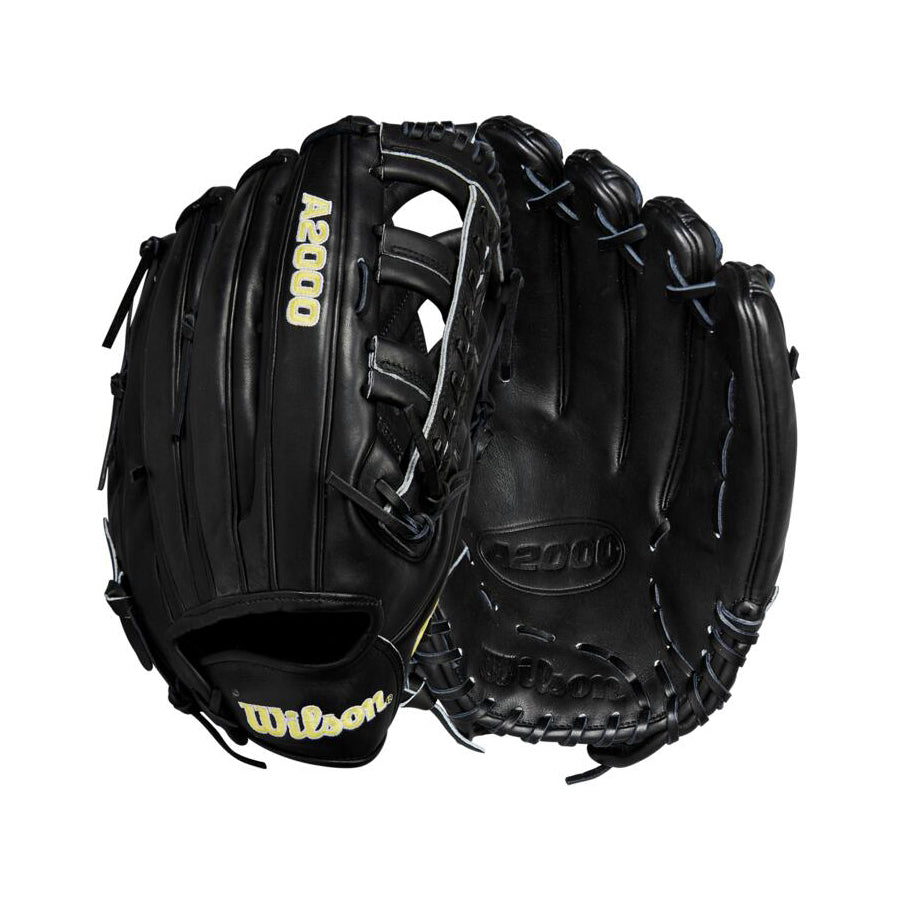 The Wilson A2000 1810 12.75" Baseball Glove (WBW1020831275) is shown from palm and back angles, featuring black Pro Stock leather, white stitching, yellow Wilson branding, and designed for outfield play.