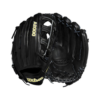 The Wilson A2000 1810 12.75" Baseball Glove (WBW1020831275) is shown from palm and back angles, featuring black Pro Stock leather, white stitching, yellow Wilson branding, and designed for outfield play.