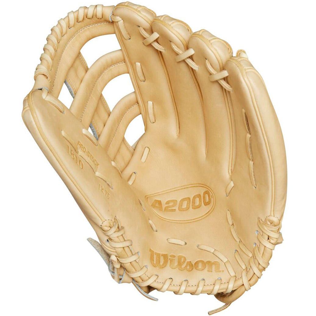 The Wilson A2000 1810 12.75" Baseball Glove (WBW1020881275) features tan Pro Stock® leather, visible laces, an open pocket, and embossed Wilson branding—ideal for outfielders seeking premium quality and performance.