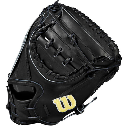 A Wilson A2000 M23 33.5" Baseball Catcher's Mitt (WBW102092335) in black Pro Stock leather with thick laces and a gold “W” logo on the thumb, photographed against a white background.