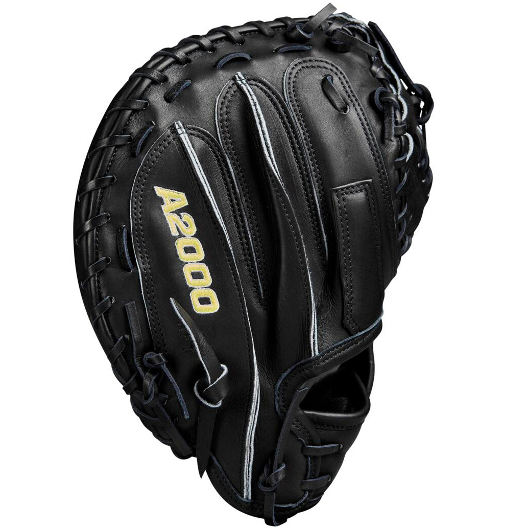 The Wilson A2000 M23 33.5" Catcher's Mitt (WBW102092335) by Wilson features black Pro Stock leather, gold lettering, and detailed black lacing, shown from a top view.