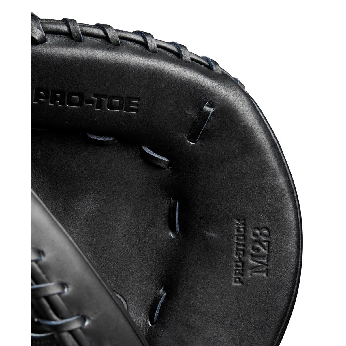 Close-up of the Wilson A2000 M23 33.5" Baseball Catcher's Mitt (WBW102092335), crafted from Pro Stock leather with detailed stitching and PRO-TOE, PRO-STOCK M23 embossed for authenticity.