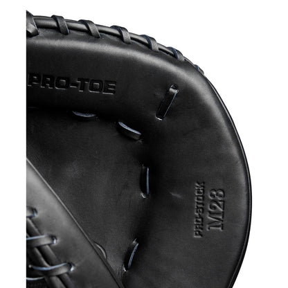Close-up of the Wilson A2000 M23 33.5" Baseball Catcher's Mitt (WBW102092335), crafted from Pro Stock leather with detailed stitching and PRO-TOE, PRO-STOCK M23 embossed for authenticity.