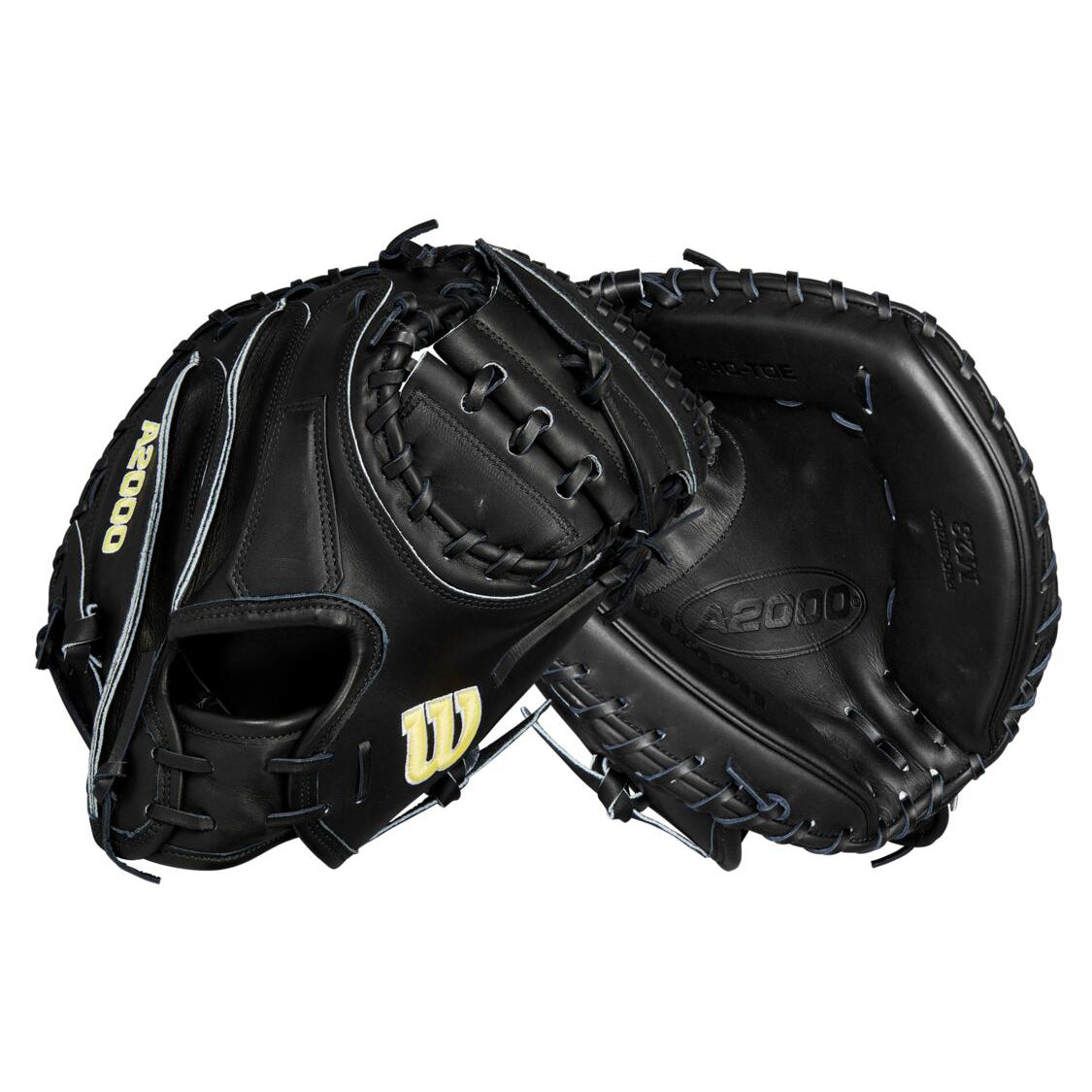 Two Wilson A2000 M23 33.5" Baseball Catcher's Mitts (WBW102092335) are shown in black Pro Stock leather with black laces and the yellow Wilson W logo on the wrist strap, displaying both palm and back sides.