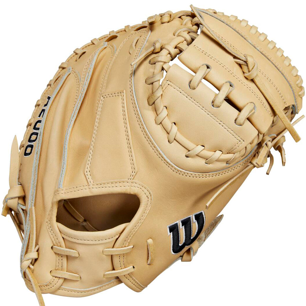 The Wilson A2000 M23 33.5" Baseball Catcher's Mitt (WBW102093335) features tan Pro Stock leather, prominent stitching and laces, a W logo, and an open pocket. The glove appears new and unused with a visible wrist opening.