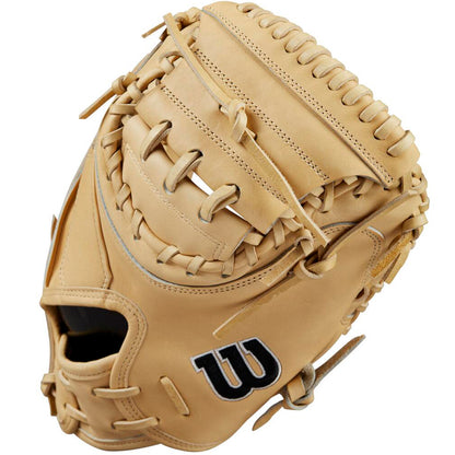 The Wilson A2000 M23 33.5" Catcher's Mitt features Pro Stock leather, thick lacing, a webbed pocket, and a black W logo—perfect for catchers seeking quality and durability.