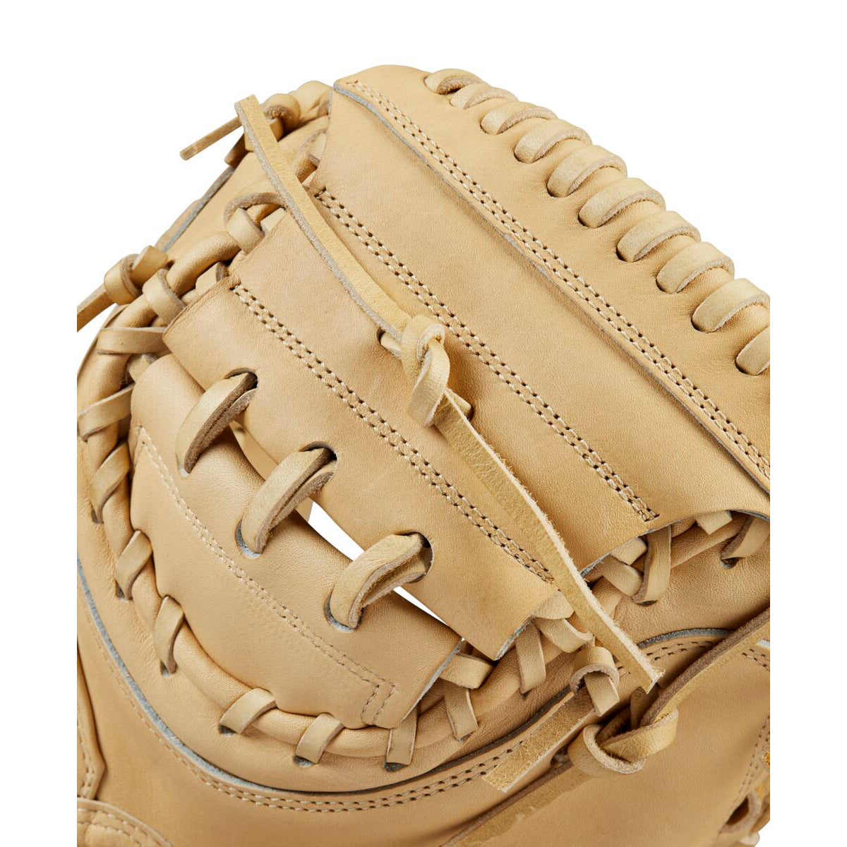 Close-up of the Wilson A2000 M23 33.5" Baseball Catcher's Mitt, crafted from premium Pro Stock leather with detailed lacing and stitching on the webbing and fingers.