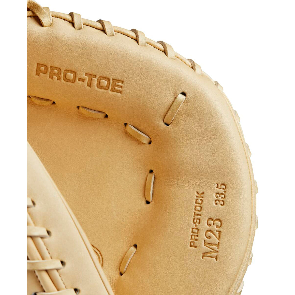 A close-up of the Wilson A2000 M23 33.5" Baseball Catcher's Mitt (WBW102093335), crafted from Pro Stock leather, showcases the superior quality and detail of this Wilson glove.