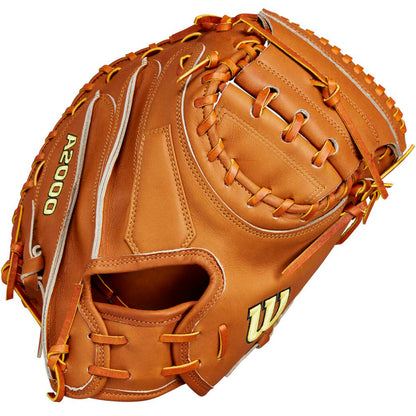 The Wilson A2000 M23 33.5" Baseball Catcher's Mitt (WBW102094335) by Wilson features brown Pro Stock leather, tan laces, white accents, an open pocket, and detailed stitching.