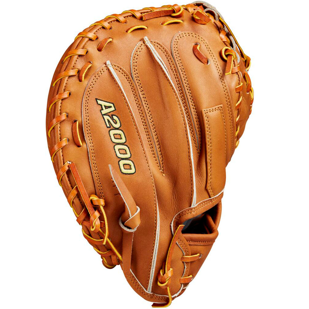 The Wilson A2000 M23 33.5" Baseball Catcher's Mitt (WBW102094335) features durable brown Pro Stock leather, yellow laces, and black-and-gold A2000 stitching—combining premium performance and standout style for serious catchers.