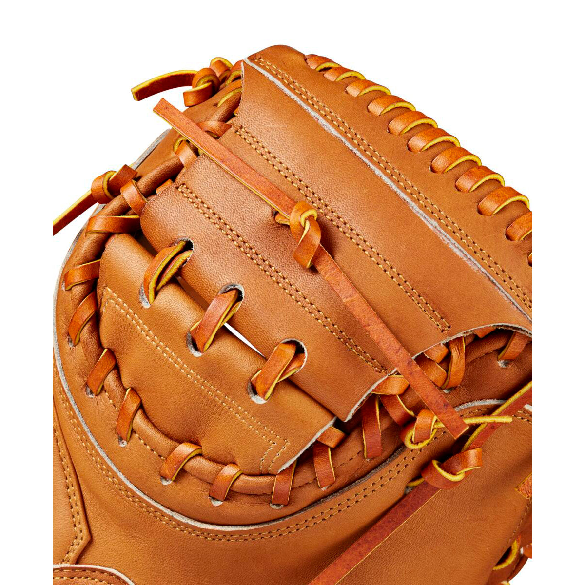 Close-up of the Wilson A2000 M23 33.5" Baseball Catcher's Mitt (WBW102094335) showing its Pro Stock leather, detailed stitching, and lacing; image highlights the glove's pocket and webbing against a white background.