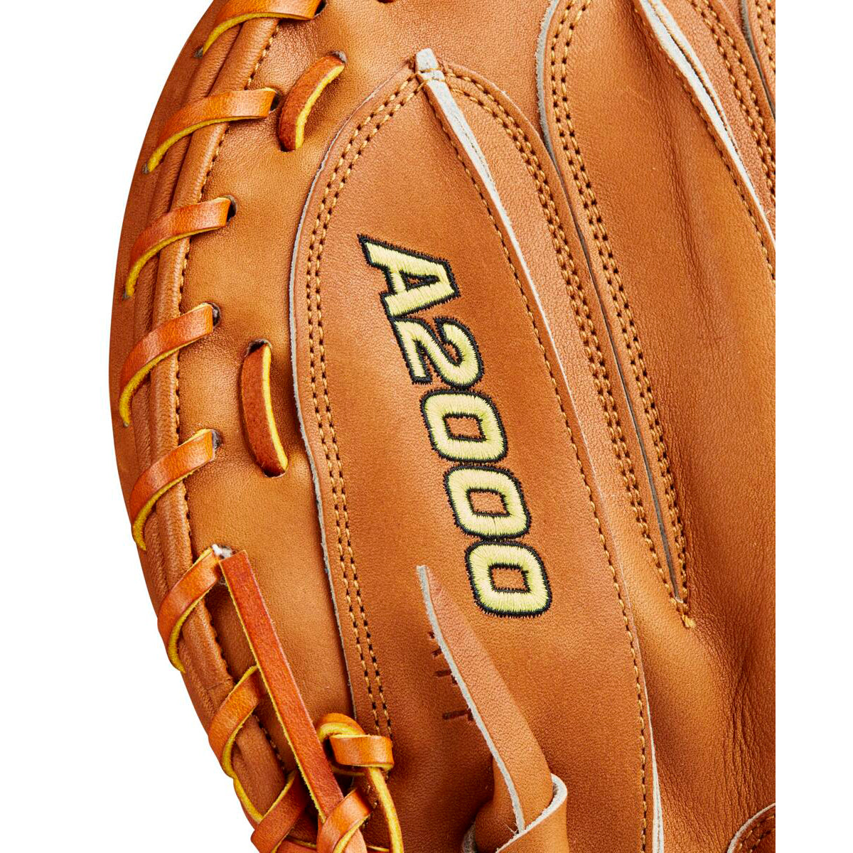 Close-up of the Wilson A2000 M23 33.5" Baseball Catcher's Mitt (WBW102094335), crafted from Pro Stock leather with "A2000" stitched in black and yellow, highlighting detailed stitching and laces.