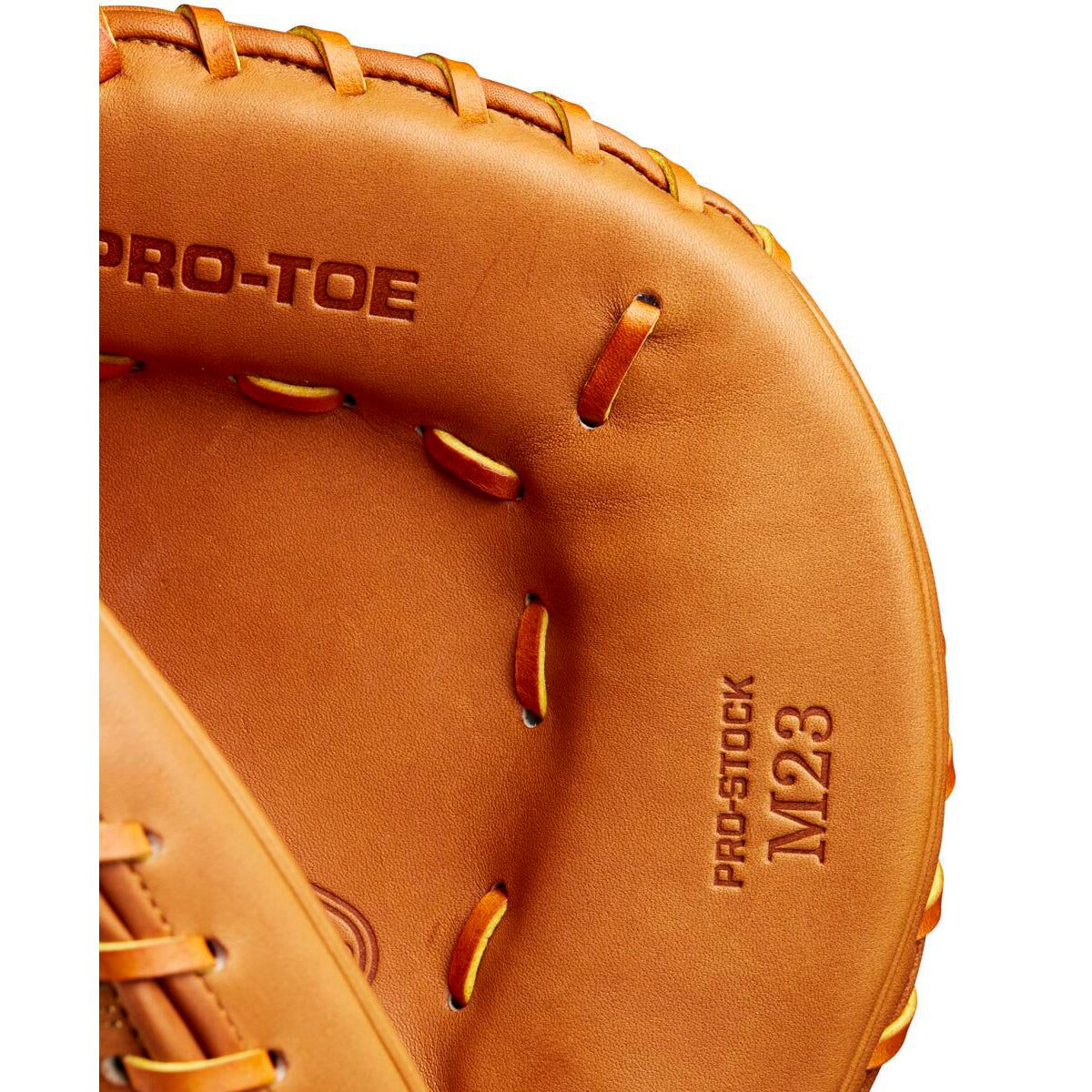 Close-up of a Wilson A2000 M23 33.5" Baseball Catcher's Mitt (WBW102094335) made from Pro Stock leather, highlighting detailed stitching and the embossed “PRO-STOCK M23” and “PRO-TOE” on the inside.