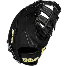 The Wilson A2000 1679 12.5" First Base Mitt (WBW102095125) is a black Pro Stock leather glove with yellow branding, lacing details, and an open web design, made by Wilson.
