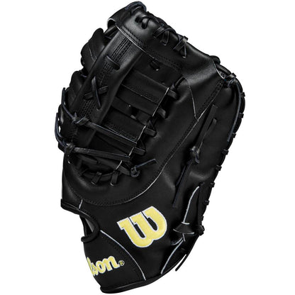 The Wilson A2000 1679 12.5" First Base Mitt (WBW102095125) by Wilson features a black design, yellow W logo, Pro Stock leather, detailed stitching, and intricate lacing.