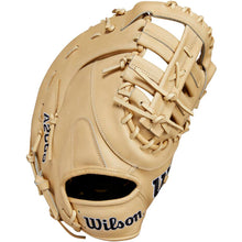 The Wilson A2000 1679 12.5" First Base Mitt (WBW102097125) features visible lacing, open webbing, and blue “Wilson” embroidery on the wrist. Made with durable Pro Stock leather for long-lasting performance.