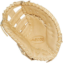 The Wilson A2000 1679 12.5" First Base Mitt (WBW102097125) is a tan leather glove made from premium Pro Stock leather, with thick edging laces and webbing between the thumb and fingers.