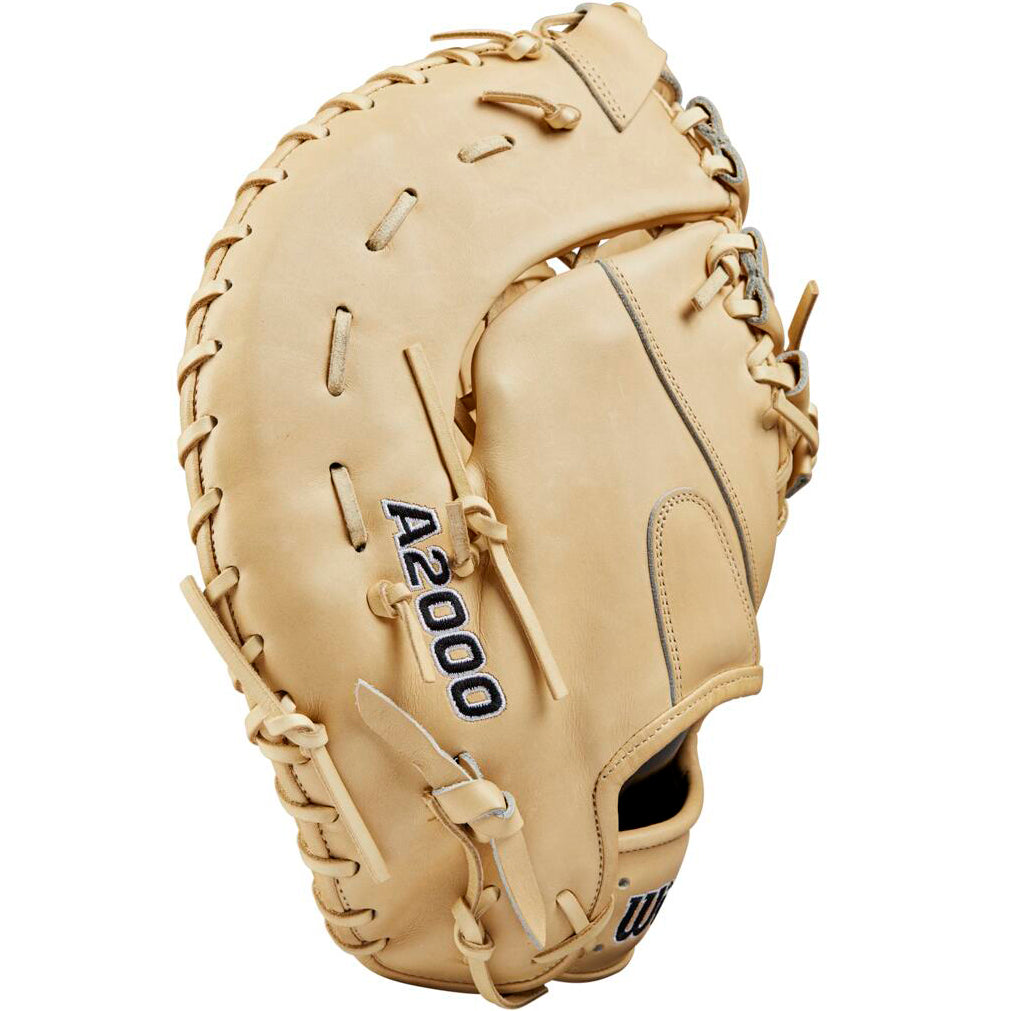 The Wilson A2000 1679 12.5" First Base Mitt (WBW102097125) is a tan Pro Stock leather glove with visible stitching and "A2000 1679" embroidered in black on the side, shown upright with its pocket and lacing visible.