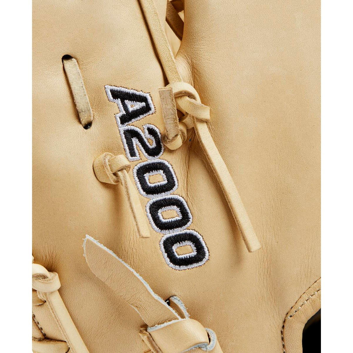 Close-up of a Wilson A2000 1679 12.5" First Base Mitt (WBW102097125) in tan Pro Stock leather, detailed stitching, sturdy laces, and "A2000" embroidered in black and white.