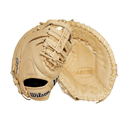 The Wilson A2000 1679 12.5" First Base Mitt (WBW102097125) by Wilson is shown from the front and back, showcasing its tan Pro Stock leather, intricate lacing, and detailed stitching.