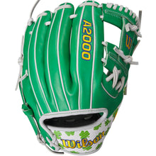The Wilson A2000 1786 11.5" MDA Shamrocks Baseball Glove (WBW102148115) features green Pro Stock leather, white laces, clover designs, and yellow-and-blue Wilson logos for top durability and infield performance.