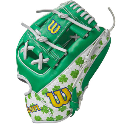 The Wilson A2000 1786 11.5" MDA Shamrocks Baseball Glove features green and white Pro Stock leather, green shamrocks, yellow-blue W logos, and white laces and stitching.