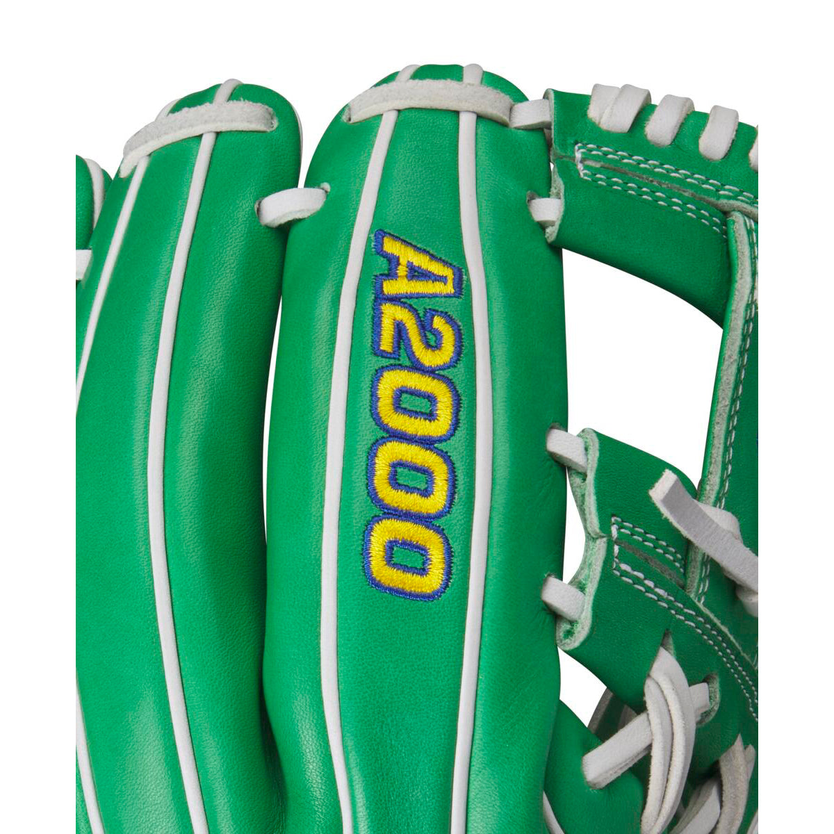 Close-up of the Wilson A2000 1786 11.5" MDA Shamrocks Baseball Glove with green Pro Stock leather, white laces, and yellow and blue embroidered A2000 text—perfect for infield play.