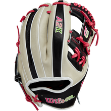 The Wilson A2K 1724 11.75" Baseball Glove (GOTM June 2024: WBW1022571175) features cream and black Pro Stock Select leather, red laces and stitching, colorful embroidered logos, and is part of the exclusive Wilson Glove of the Month series.