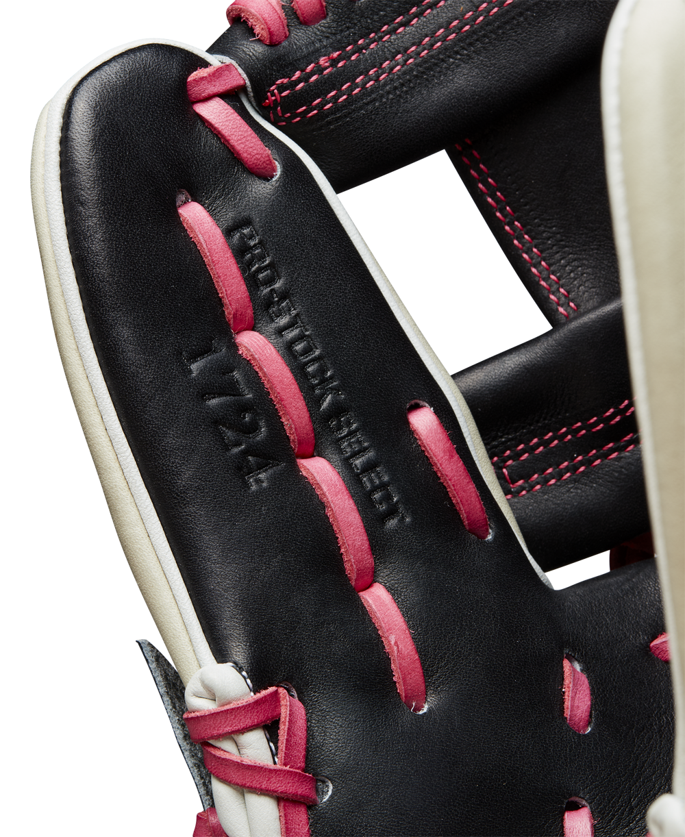 Close-up of the Wilson A2K 1724 11.75" Baseball Glove (GOTM June 2024: WBW1022571175) by Wilson, showing red and white laces, embossed “PROS HWEB SELCT 11.75 IN” text, and detailed Pro Stock Select leather stitching.