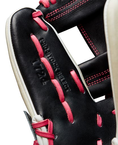Close-up of the Wilson A2K 1724 11.75" Baseball Glove (GOTM June 2024: WBW1022571175) by Wilson, showing red and white laces, embossed “PROS HWEB SELCT 11.75 IN” text, and detailed Pro Stock Select leather stitching.