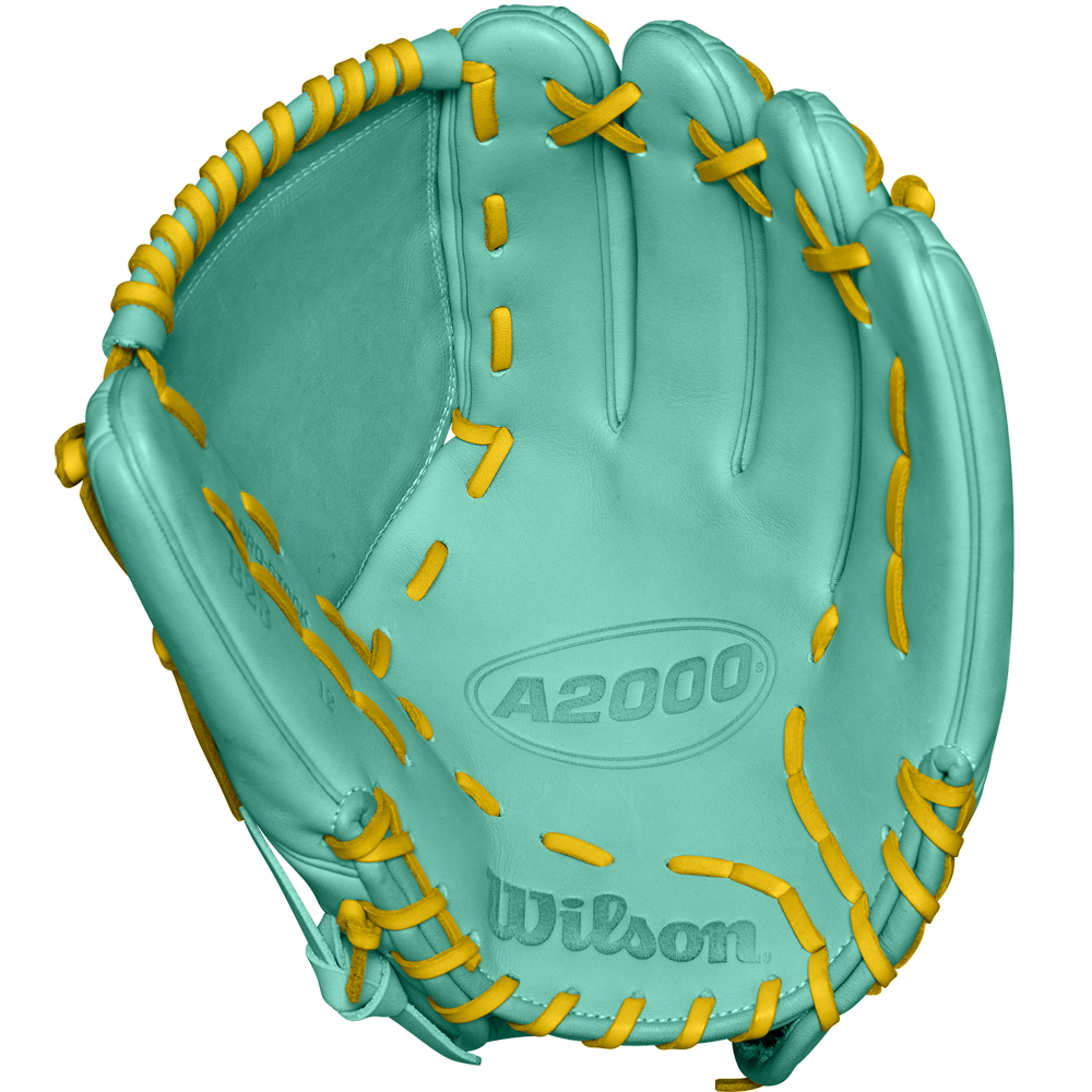A close-up of the Wilson A2000 B23 12" Baseball Glove highlights the Pro Stock leather, showcasing the detail and quality of this FALL 2024 model (WBW10227012).